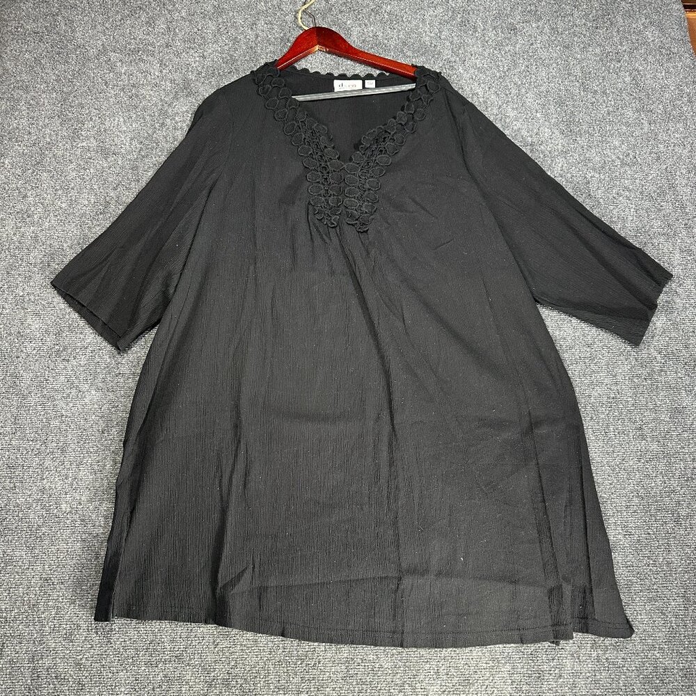 Denim&Co 3X Black V-Neck Tunic with Crochet Trim/Swim Cover-up